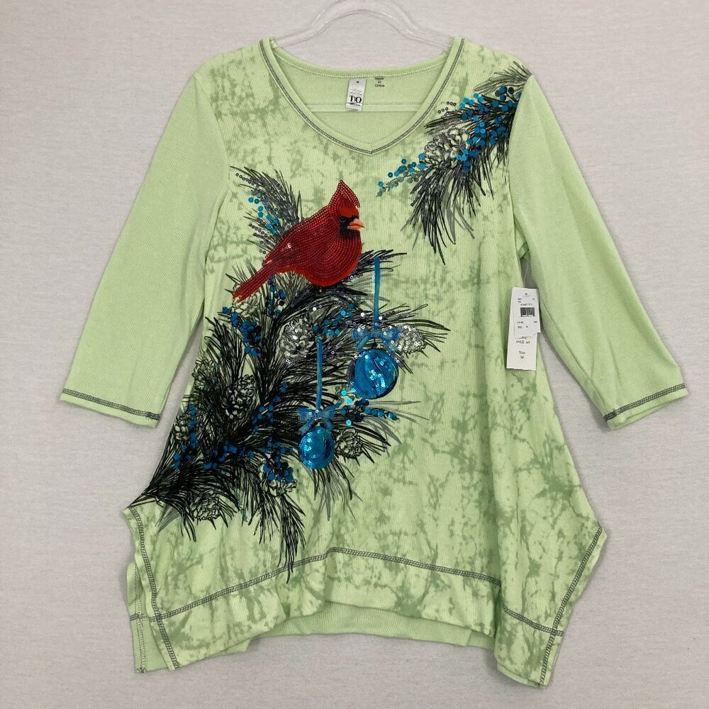 New Thomas & Olivia Green Red Cardinal Bird Sequins Stretch Artsy Top Medium